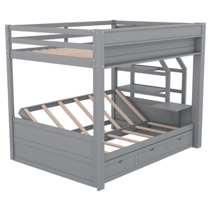 English Elm Wood Full Size Convertible Bunk Bed with Staircase Storage, Bedside Table and 3 Large Drawers, Durable Pine Finish Gray GX000335AAE-1