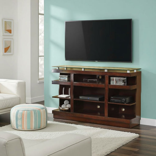 English Elm Novella Hardwood Media Console with Tempered Glass Top and Open Shelves for Living Room B108P481214