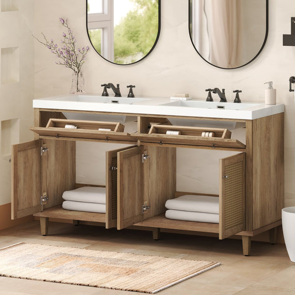 English Elm Christopher Knight Home® - 60 Inch Bathroom Vanity with Double Sinks SMC, Rattan Doors, Soft-Close Drawers, Stable Pine Legs Wood N817P296140N