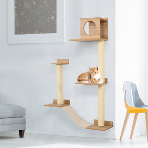 English Elm Pawhut Wall Mounted Pine Cat Tower with Sisal Posts Condo and Climbing Platforms W2225P217049