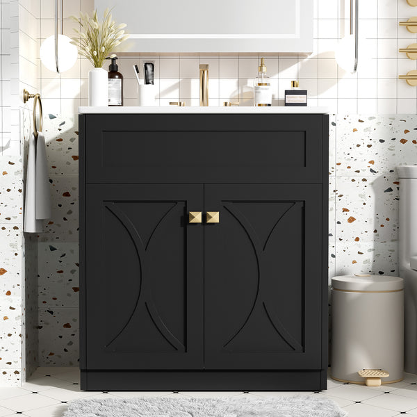 English Elm 30'' Modern Bathroom Vanity With Ceramic Sink, Soft-Close Doors, Gold Handles & Ample Storage Space N710P194898B