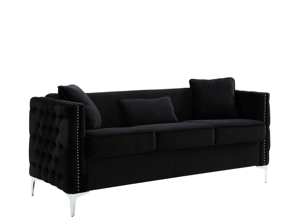 English Elm Belluno Tufted Black Velvet Sofa with Nailhead Trim and Chrome Legs for Glam Living B2749P413381