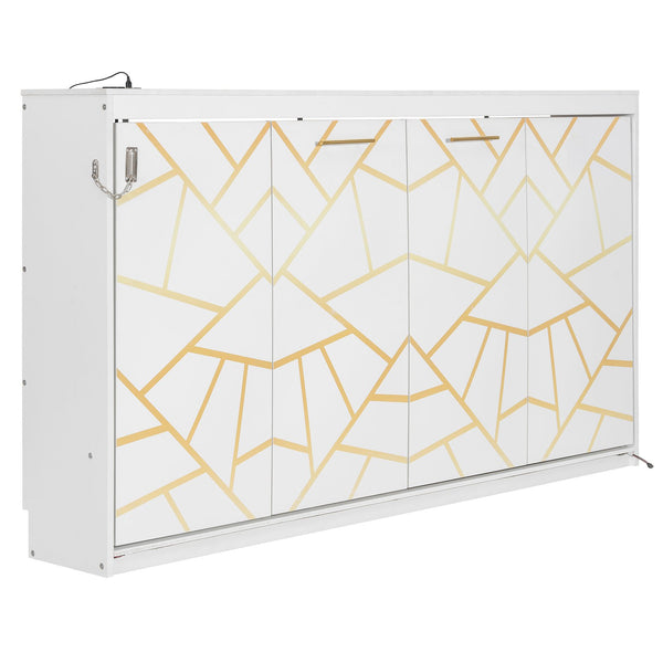 English Elm Twin-size Murphy Wall Bed with Led Lighting Usb Outlet and Decorative Printed Panel White LP000355AAK