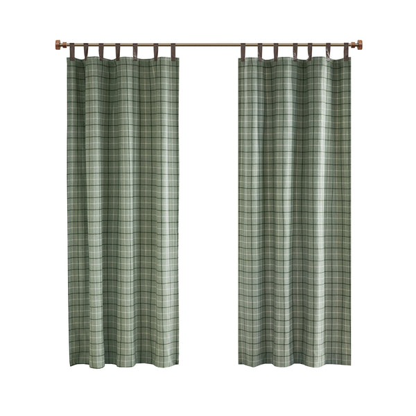 JLA Home Madison Park - Plaid Charcoal Fleece-Lined Tab Top Curtain Panel — Faux Leather Trim, Thermal Privacy, Machine-Washable Green MP40-8297