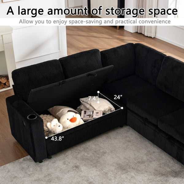 English Elm Sectional Corduroy Sleeper Sofa with Storage and Charging Ports for Small Spaces Black W1361S00078