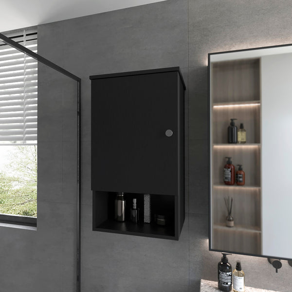 English Elm Carrizo Recessed Medicine Cabinet in Black Melamine with One Door, 2 Shelves + Open Bottom Shelf, 28.6"x16.2"x13.9" B128P237146