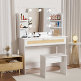 English Elm Vanity Desk Set Stool & Dressing Table With Led Lighting Mirror Drawer and Compartments Modern Wood Cosmetic Table Chest Of Drawers White Color