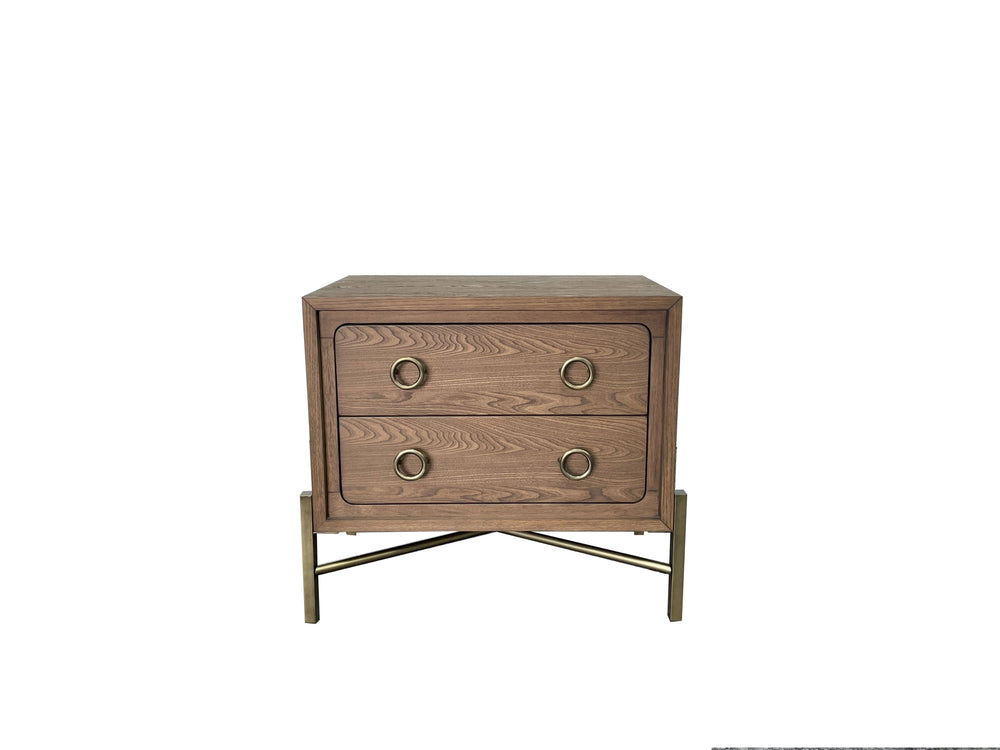 English Elm 2 Drawer Nightstand with USB Ports, Latte Elm Veneer, Solid Wood+MDF, Felt & Cedar Lined Drawers, Metal Base B2699P226102