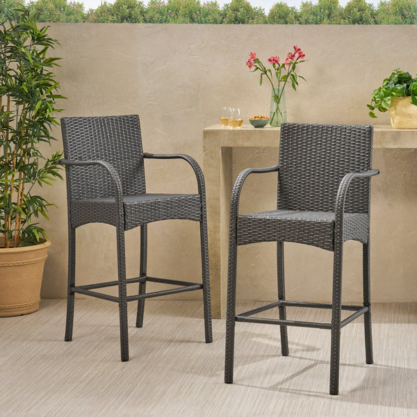 English Elm Christopher Knight Home® - CASCADA Outdoor Wicker Barstools Set of 2 — Durable Powder-Coated Iron Frame, Handcrafted Faux Rattan Lounge Grey 64901.00GRY