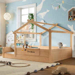 English Elm Queen House Shaped Kids Floor Bed Pine Wood Frame with Guardrails and Personalized Headboard Natural W1580P396335