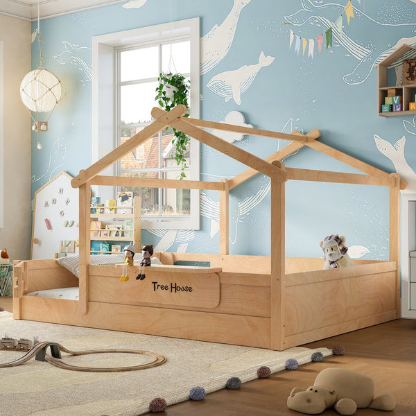 English Elm Queen House Shaped Kids Floor Bed Pine Wood Frame with Guardrails and Personalized Headboard Natural W1580P396335