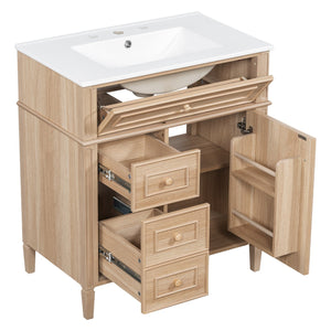 English Elm "30'' 30 Inch Freestanding Bathroom Vanity Solid Pine Cabinet Ceramic Sink Soft Close Storage N725P375498T