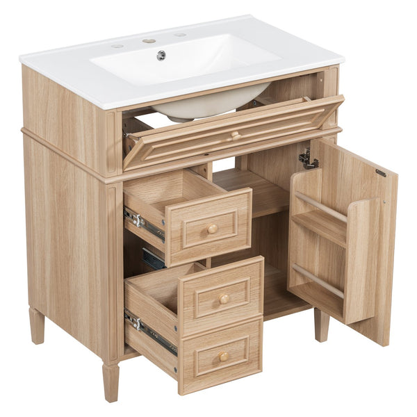 English Elm "30'' 30 Inch Freestanding Bathroom Vanity Solid Pine Cabinet Ceramic Sink Soft Close Storage N725P375498T