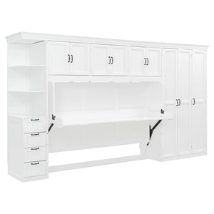 English Elm Twin Murphy Wall Bed with Integrated Desk Wardrobe and Storage Cabinet in White LP000767AAK