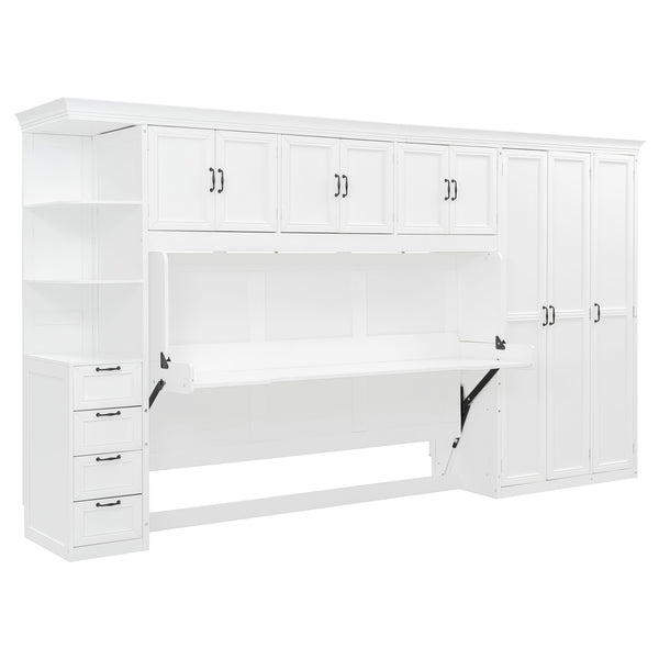 English Elm Twin Murphy Wall Bed with Integrated Desk Wardrobe and Storage Cabinet in White LP000767AAK