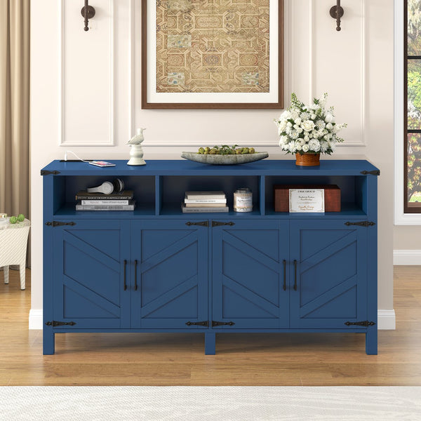 English Elm U_style 59 Inch Sideboard Buffet with Built in Power Outlets Open Cubbies Metal Accents Navy Blue N711P347407V