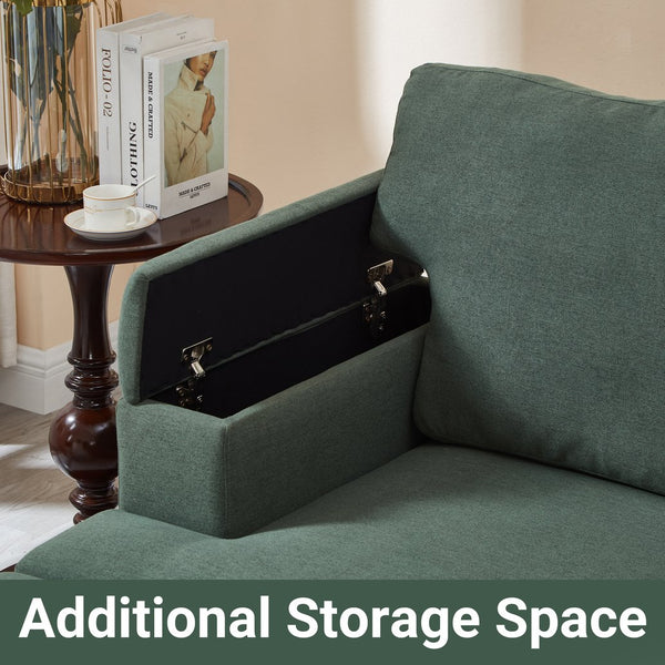 English Elm 86" Linen Sectional Sofa with Storage Ottoman Reversible Chaise for Small Spaces Dark Green W1669S00037