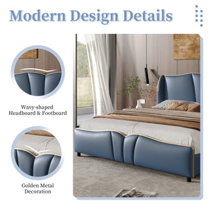 English Elm Christopher Knight Home® - Queen Plush Leather Upholstered Bed Frame with Wingback Headboard, Wavy Footboard, Quiet Support Antique Blue 85.2 L x 9.8 W x 3.25 H N761S0000016C