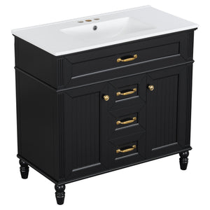 English Elm 36 Inch Bathroom Vanity with Ceramic Sink, Durable MDF & Solid Wood Frame, Soft-Close Doors, Luxe Handles, Ample Organized Storage, Modern Freestanding Design Black N725P314034B