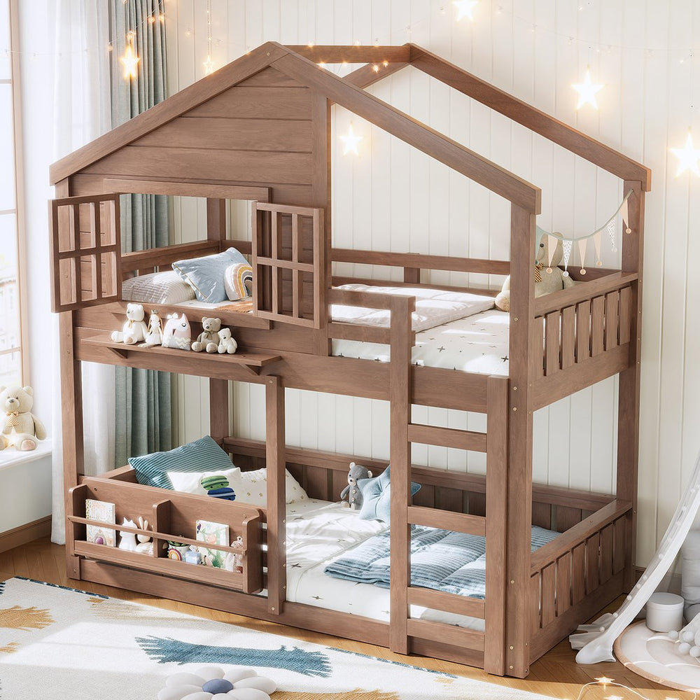 English Elm Full Bunk Bed with Trundle Bookshelf Storage Pine Frame Car Design for Kids W1580S00521
