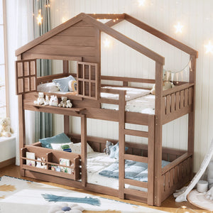 English Elm Full Bunk Bed with Trundle Bookshelf Storage Pine Frame Car Design for Kids W1580S00521