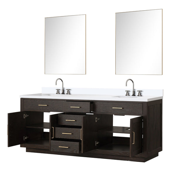 English Elm Brown Oak Double Bath Vanity 84" W, White Quartz Top, Chrome Faucets & 36" Mirrors For Elegance B2731S01815