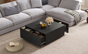 English Elm 33.25" Square Storage Coffee Table Four Drawer Matte Mdf Living Room Centerpiece Black N735P422508B