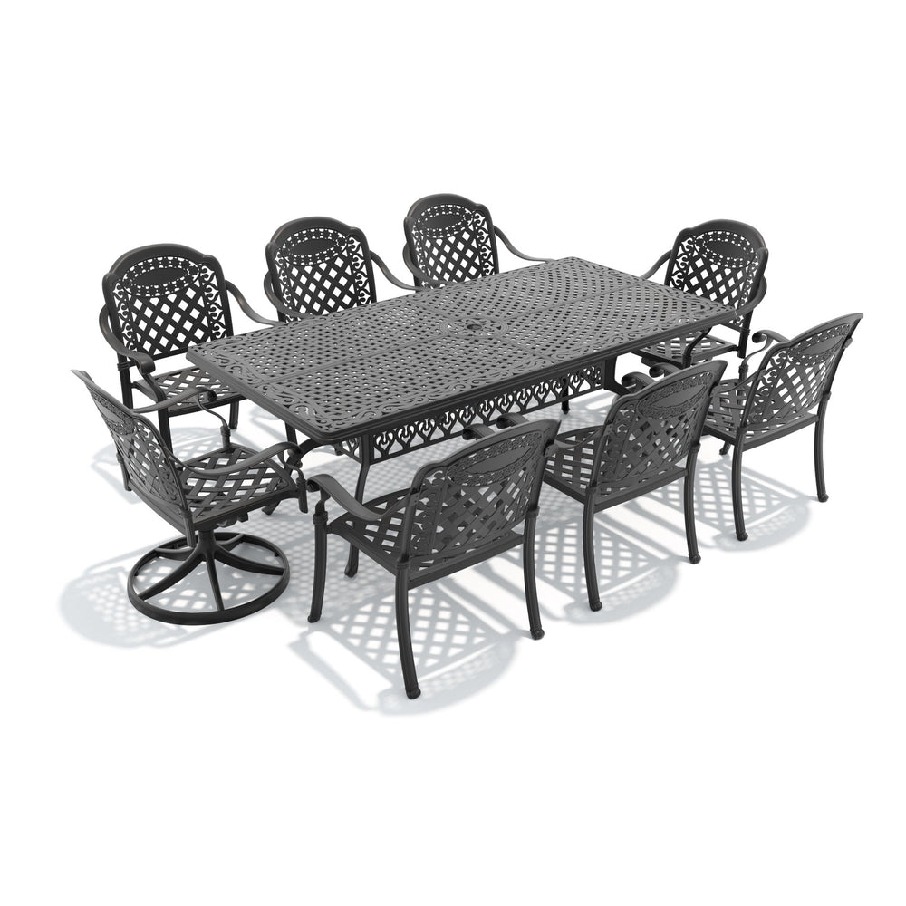 English Elm 9-piece Ornate Cast Aluminum Outdoor Dining Set Seats Eight with Swivel Chairs W1710S00386