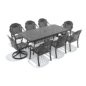English Elm 9-piece Ornate Cast Aluminum Outdoor Dining Set Seats Eight with Swivel Chairs W1710S00386