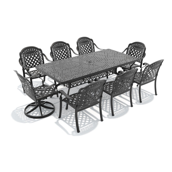 English Elm 9-piece Ornate Cast Aluminum Outdoor Dining Set Seats Eight with Swivel Chairs W1710S00386