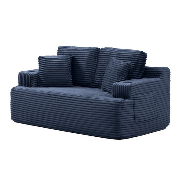 English Elm Boneless Floor Sofa Corduroy Upholstered 5 Seat Low Profile with Cup Holders for Living Room Blue W1117S00433