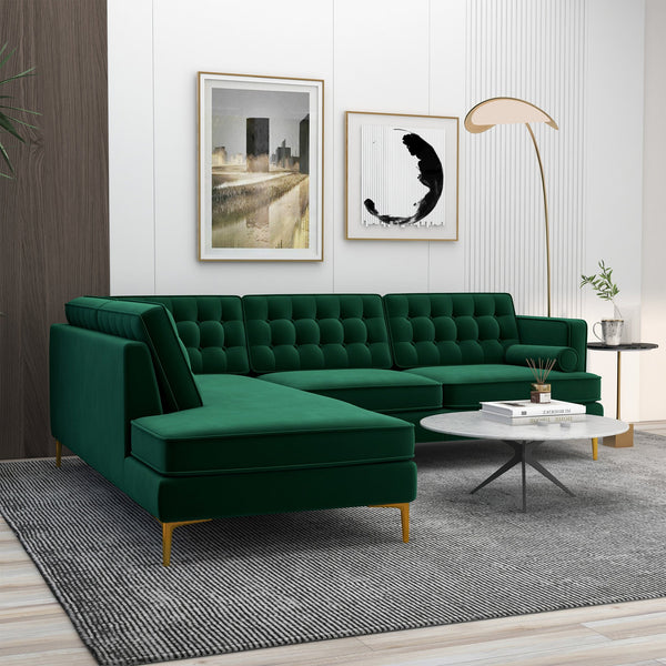 English Elm Ashcroft Furniture - Brooke Green Velvet Left-Facing Sectional Sofa - Stylish, Compact, Comfortable For Living Spaces B183S00014