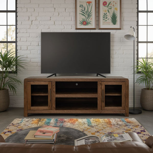 English Elm Haven 65" TV Stand Oak Bourbon with Glass Doors, No Assembly, Cable Management, Solid Oak Veneer B108P364413