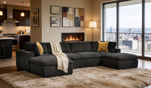 English Elm Coffee Bean Textured Modular Sectional Low Profile Lounge Sofa with Toss Pillows Dark Gray B2748S00078