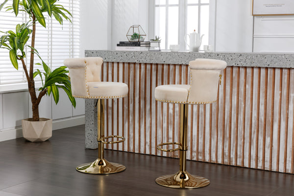 English Elm UNITED Velvet 360° Rotating Bar Chair with Diamond Stitching, Gold Frame, Plush Foam Seat, Adjustable Height Beige W1568P361715