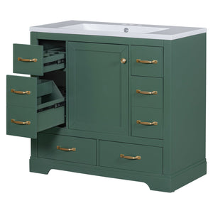 English Elm 36" Modern Bathroom Vanity with Ceramic Sink, Six Drawers, Adjustable Shelf, Solid Wood Build Green SY999808AAF-6