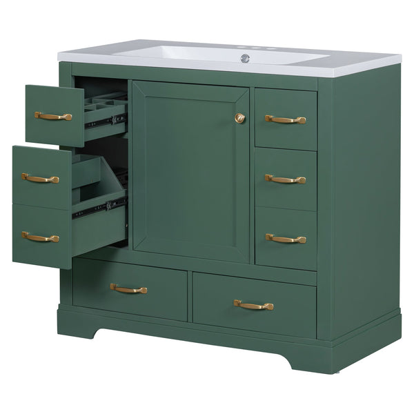 English Elm 36" Modern Bathroom Vanity with Ceramic Sink, Six Drawers, Adjustable Shelf, Solid Wood Build Green SY999808AAF-6