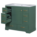 English Elm 36" Bathroom Vanity With Sink Combo, Six Drawers, Multi-Functional Drawer Divider, Adjustable Shelf, Green