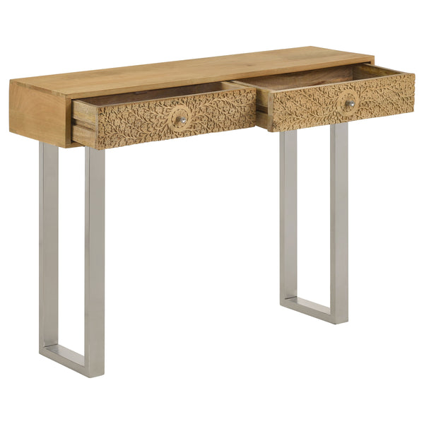 English Elm Harmony Modern Natural & Silver 2-Drawer Console Table with Sled Base, Knob Handles, Warm Wood Charm B062P333444