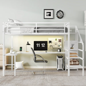 English Elm Queen Size Loft Bed With L-Shaped Desk, Usb Port & Led Lights - Stylish Space-Saving Solution For All W1580S00124-GIGA