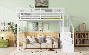 English Elm Queen Metal Loft Bed with Wardrobe Stairs and Mesh Shelves for Teen Bedroom W2580S00057