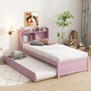 English Elm Twin Pink Trundle Bed with Bookcase Headboard — Space-Saving Twin Bed for Small Rooms, Storage Friendly W504P317860