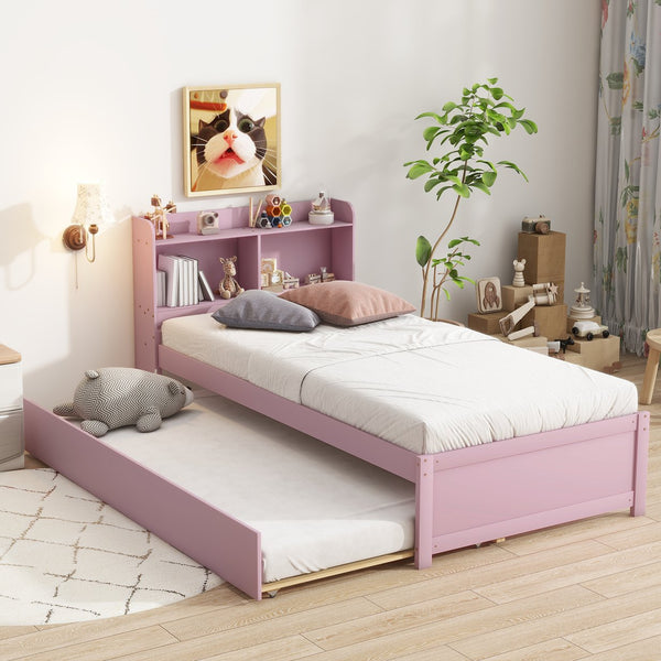 English Elm Twin Pink Trundle Bed with Bookcase Headboard — Space-Saving Twin Bed for Small Rooms, Storage Friendly W504P317860