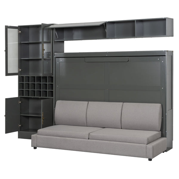 English Elm Full Size Murphy Wall Bed with Linen Sofa Shelving Usb Charging and Built-in Light LP000763AAE