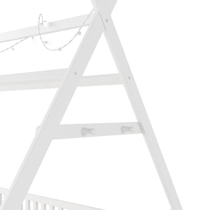 English Elm Twin Montessori Floor Bed House Frame with Led Lighting and Safety Rails for Kids White W2593P440589