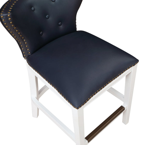 English Elm Macon Midnight Blue Faux Leather Counter Stool with Tufted Back, Antique Brass Nailhead Trim, White Wood Base B050P364431