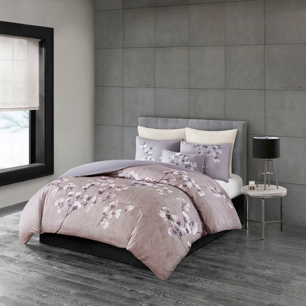 JLA Home N Natori - 3 Sakura Blossom Cotton Sateen Duvet Cover Set — Lilac Cherry Blossom Print, Embroidered Shams, OEKO-TEX 96 L x 92 W x 0.13H NS12-3257