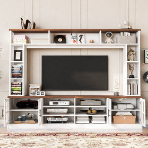 English Elm 95.5" Modern Farmhouse Wall Unit Mdf Bookshelf with Tempered Glass Cabinet Doors White SJ000161AAK