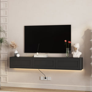 English Elm Floating Wall Mounted Tv Shelf with Led Backlight Gloss Cabinet and Built in Power Strip Black W1321P391262