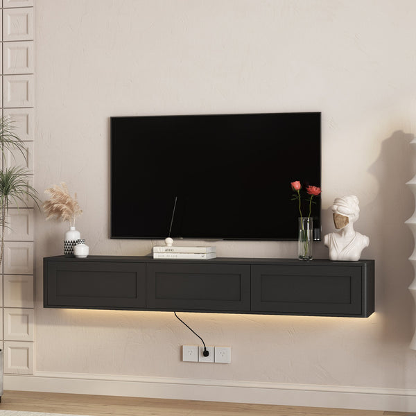 English Elm Floating Wall Mounted Tv Shelf with Led Backlight Gloss Cabinet and Built in Power Strip Black W1321P391262